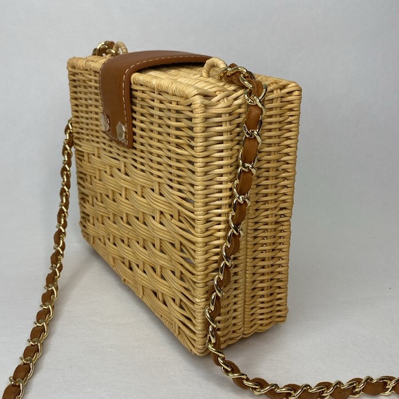 J. McLaughlin Wicker Straw & Leather Rectangle Box Handbag, Gold Hardware, NWOT - Picture 5 of 16